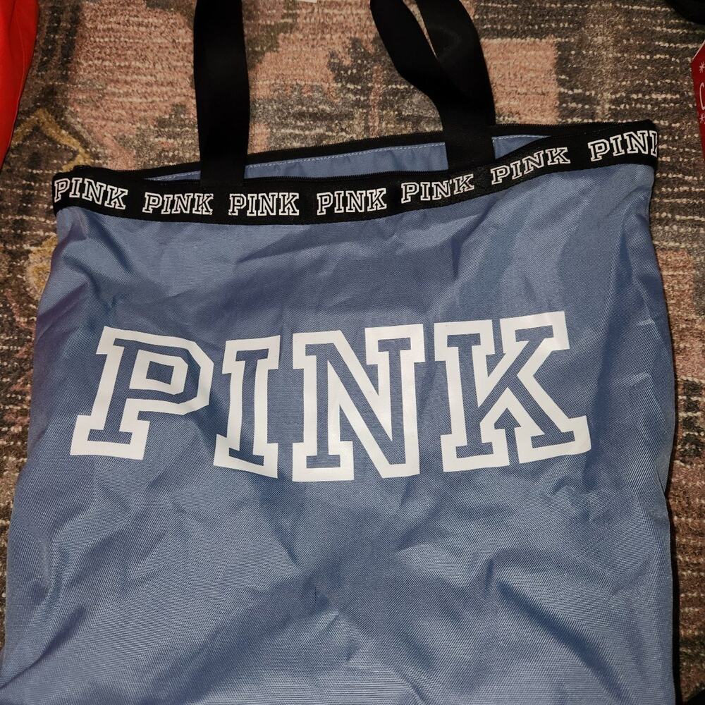 Victoria's Secret PINK Tote Bag- Blue & white PINK logo nylon tote gym bag NWT